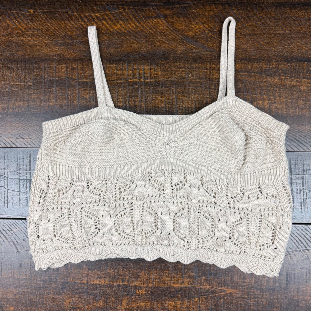 Boho Pointelle Crochet Knit Cami Crop Top Beige Medium Boho Festival Brami